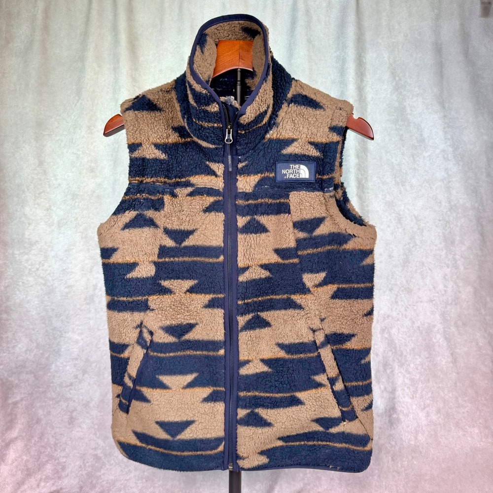 The North Face Women's Sherpa Fleece Vest Navy Tan Geometric Print Full Zip